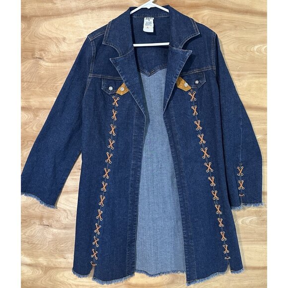 Ethyl Jackets & Blazers - Denim Duster Western Style Jacket Leather Laces Festival Boho Blue Sz M Womens
